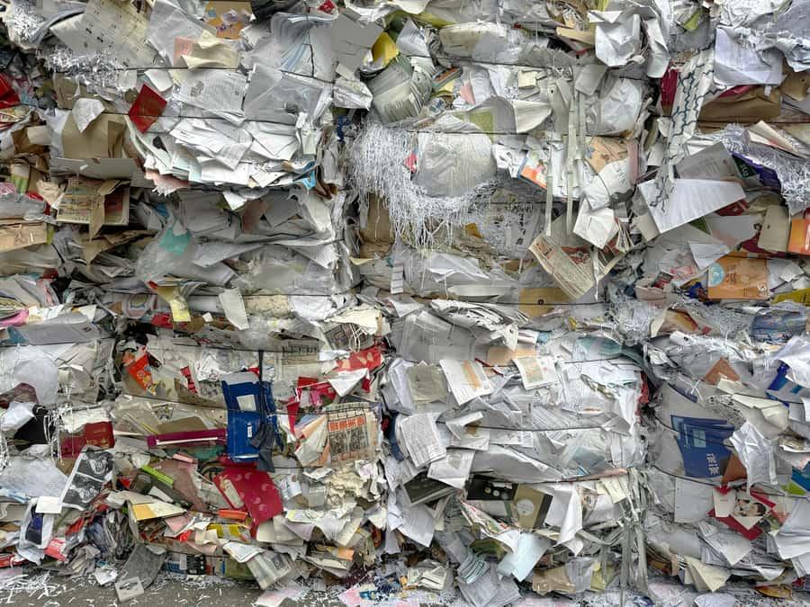 Compressed bales of sorted paper and cardboard at a recycling facility